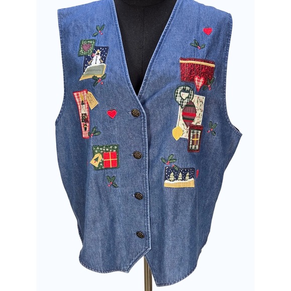 Karen Scott Sport Jackets & Blazers - Women's Karen Scott XL Denim Holiday Vest Patchwork Christmas Snowman Kitcsh